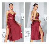 Women Sexy Lace Patchwork Removable Padded Multi-Color Camisole Split Nightgown