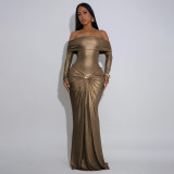Women's Sexy Off Shoulder Slim Fit Long Sleeve Glossy Long Dress
