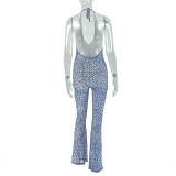 Women's Leopard Print Fashion Slightly Transparent Halter Neck U-Neck Jumpsuit
