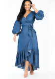 Women Ruffled Lantern Sleeve V-Neck Denim Dress