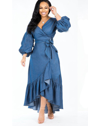 Women Ruffled Lantern Sleeve V-Neck Denim Dress