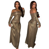 Women's Sexy Off Shoulder Slim Fit Long Sleeve Glossy Long Dress