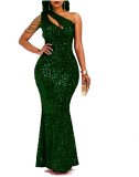 Women Beaded One-Shoulder Solid Backless Mermaid Sequin Dress