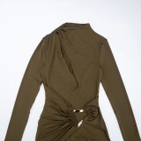 Autumn Winter Women's Solid Color Slim Fit Elegant Hollow Pleated Long Sleeve Mini Dress