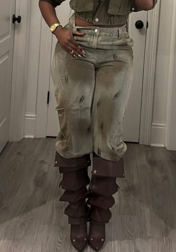 Autumn Winter Women's Denim Washed High Waist Cargo Pants