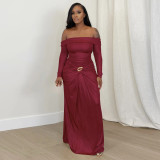 Women's Sexy Off Shoulder Slim Fit Long Sleeve Glossy Long Dress