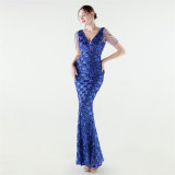 Women Beaded Rhinestone V-Neck Mermaid Evening Dress
