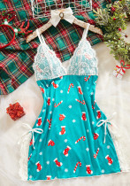 Women V-Neck Bow Christmas Snowflake Print Camisole Nightgown