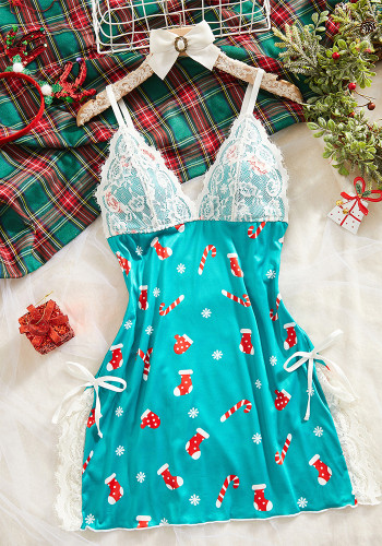 Women V-Neck Bow Christmas Snowflake Print Camisole Nightgown