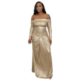 Women's Sexy Off Shoulder Slim Fit Long Sleeve Glossy Long Dress
