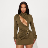 Autumn Winter Women's Solid Color Slim Fit Elegant Hollow Pleated Long Sleeve Mini Dress