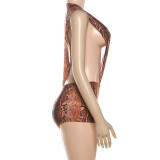 Autumn Winter Women's Fashion Round Neck Snake Print Sexy Hollow Slim Fit Jumpsuit