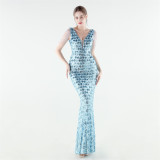 Women Beaded Rhinestone V-Neck Mermaid Evening Dress