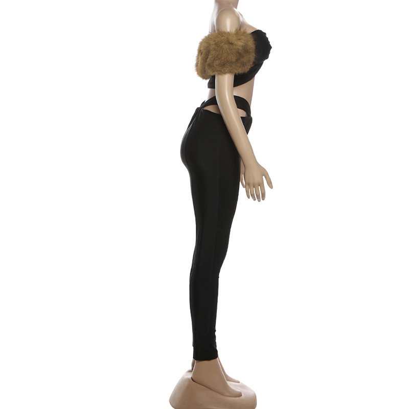 Autumn Winter Women's Style Sexy Fur Collar Patchwork Off Shoulder Crop Pants Set