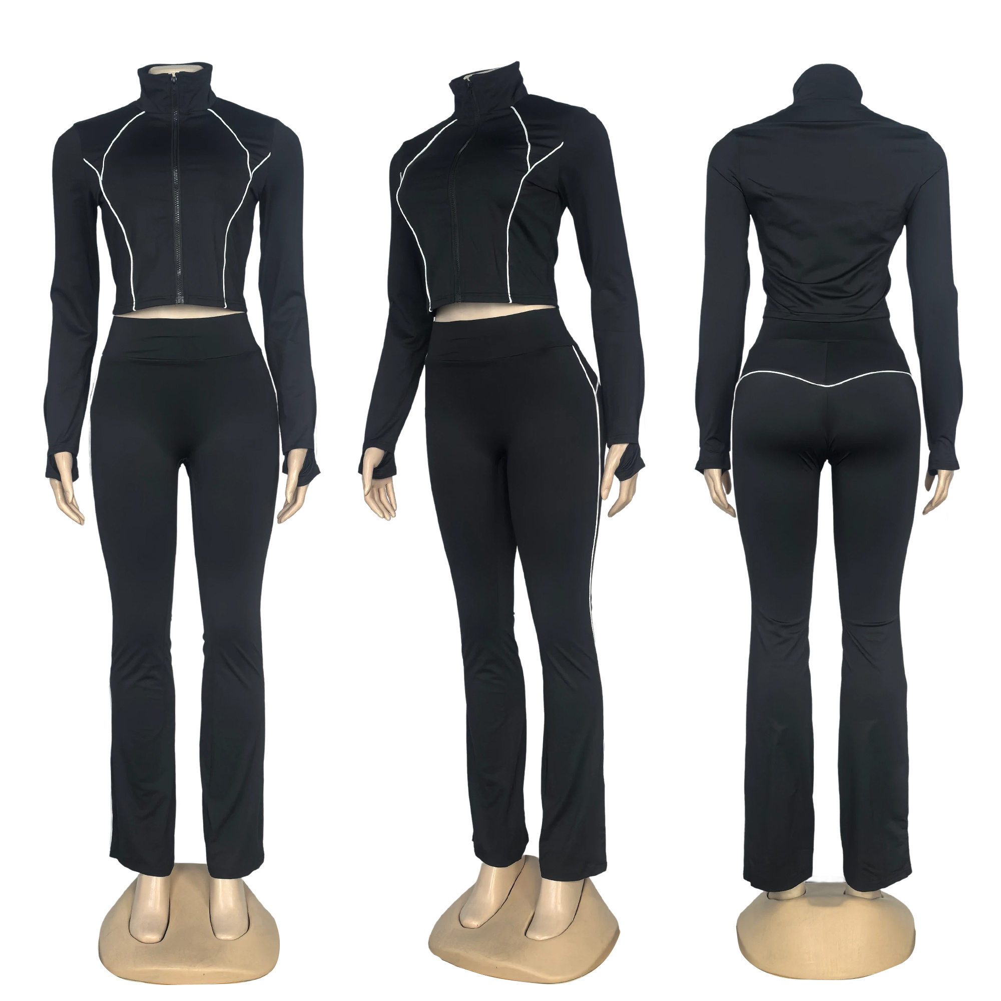 Women Long-Sleeve Top and Bell Bottom Wide-Leg Pants Yoga Two-Piece Set