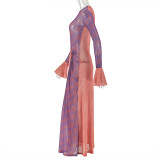 Summer Women's Slim Fit Irregular Round Neck Pleated Long Sleeve Dress