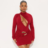 Autumn Winter Women's Solid Color Slim Fit Elegant Hollow Pleated Long Sleeve Mini Dress