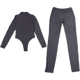 Autumn Winter Women's Fashion Long Sleeve Solid Color Patchwork Bodysuit Top and Pants Set