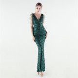 Women Beaded Rhinestone V-Neck Mermaid Evening Dress
