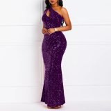 Women Beaded One-Shoulder Solid Backless Mermaid Sequin Dress