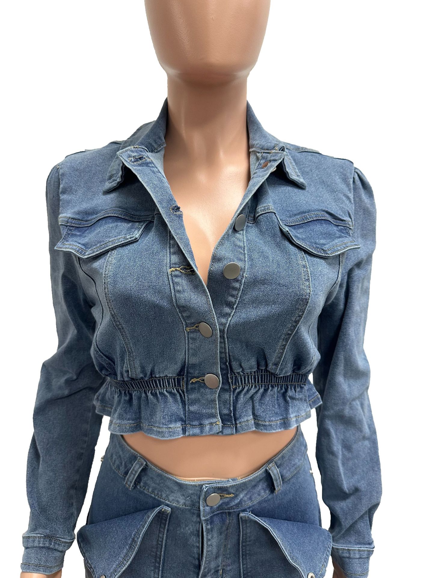 Autumn Women's Fashion Sexy Stretch Multi-Pocket Washed Denim Casual Pants Set