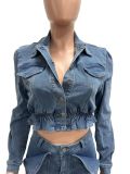 Autumn Women's Fashion Sexy Stretch Multi-Pocket Washed Denim Casual Pants Set