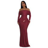 Women's Sexy Off Shoulder Slim Fit Long Sleeve Glossy Long Dress