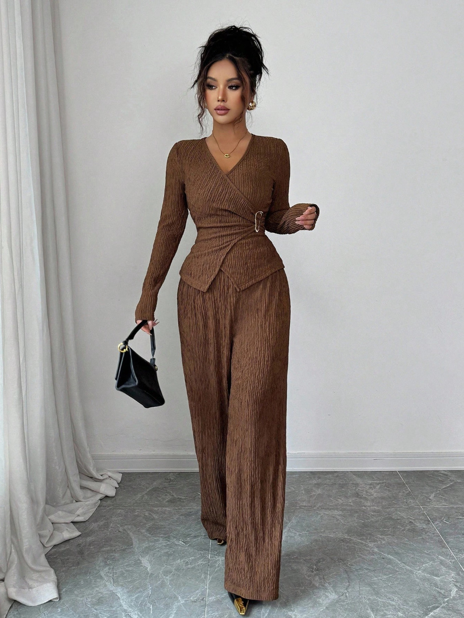 Women's Solid Color V-neck Long Sleeve Casual Two Piece Pants Set