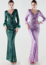 Women's Luxury Sequin Long Sleeve Evening Dress