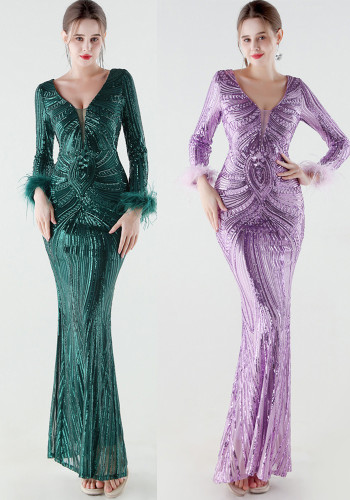 Women's Luxury Sequin Long Sleeve Evening Dress