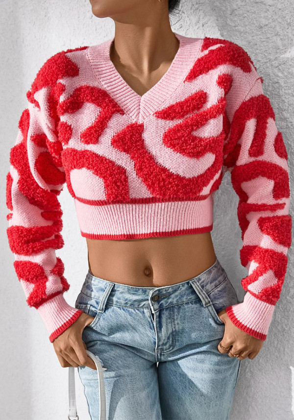 Autumn Women's Fashion Sweet Color Block Low Cut V-Neck High Waist Knitting Top