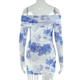 Women Printed Long-Sleeve Off-Shoulder Strapless Shoulder-Baring Bodycon Dress