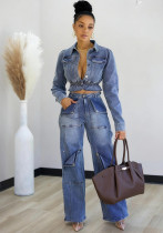 Autumn Women's Fashion Sexy Stretch Multi-Pocket Washed Denim Casual Pants Set Autumn Women's Fashion Sexy Stretch Multi-Pocket Washed Denim Casual Pants Set
