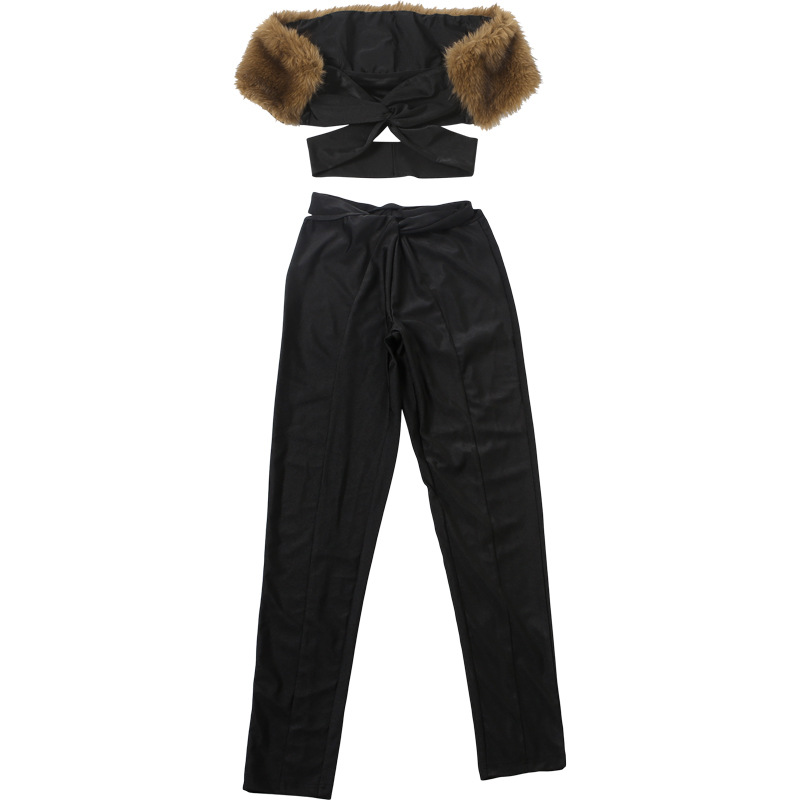 Autumn Winter Women's Style Sexy Fur Collar Patchwork Off Shoulder Crop Pants Set