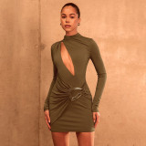 Autumn Winter Women's Solid Color Slim Fit Elegant Hollow Pleated Long Sleeve Mini Dress