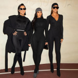 Autumn Winter Women's Fashion Long Sleeve Solid Color Patchwork Bodysuit Top and Pants Set