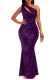 Women Beaded One-Shoulder Solid Backless Mermaid Sequin Dress