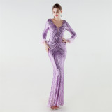Women's Luxury Sequin Long Sleeve Evening Dress