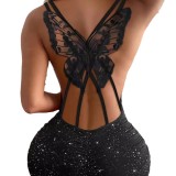 Women Butterfly Hollow-Out Shiny Stretchy Dress