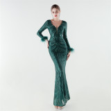Women's Luxury Sequin Long Sleeve Evening Dress