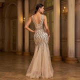 Women's Sleeveless V-Neck Formal Party Sequin Mesh Mermaid Dress