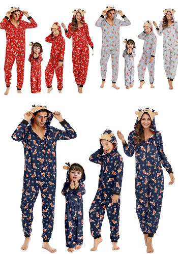 Christmas Autumn & Winter Family Wear Hooded Printed Jumpsuit