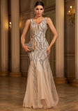 Women's Sleeveless V-Neck Formal Party Sequin Mesh Mermaid Dress