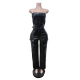 Women's Strapless Tie Pocket Wide Leg Jumpsuit