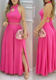 Summer Women's Solid Color Turndown Collar Halter Backless Slit Skirt Set