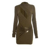 Autumn Winter Women's Solid Color Slim Fit Elegant Hollow Pleated Long Sleeve Mini Dress