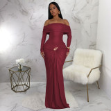 Women's Sexy Off Shoulder Slim Fit Long Sleeve Glossy Long Dress