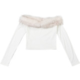 Women Autumn & Winter Off-Shoulder Fleece Patchwork Color-Block Long-Sleeve T-Shirt Crop Top