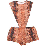 Autumn Winter Women's Fashion Round Neck Snake Print Sexy Hollow Slim Fit Jumpsuit