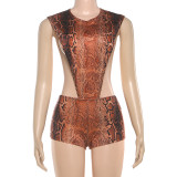 Autumn Winter Women's Fashion Round Neck Snake Print Sexy Hollow Slim Fit Jumpsuit